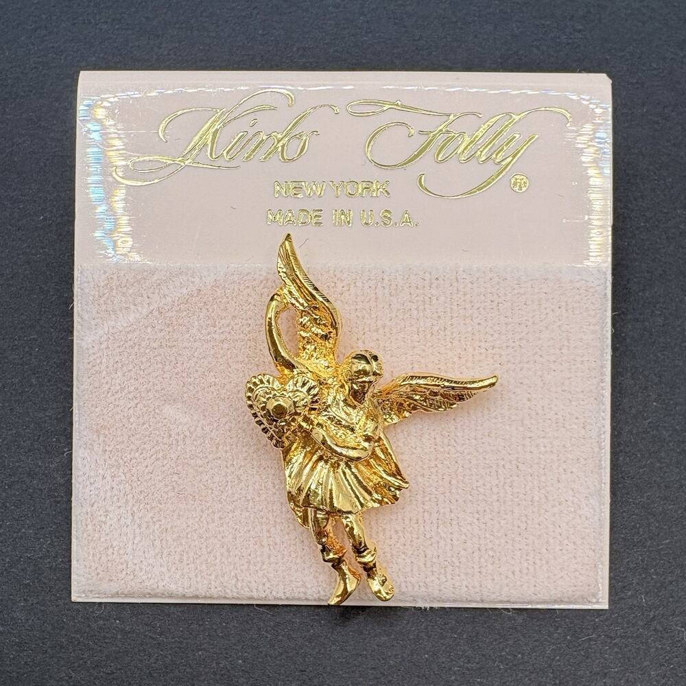 Vintage Kirks Folly Cherub Angel Holding Heart Pin Brooch Gold Tone Valentines